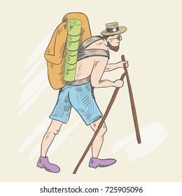A stooped man with a bare torso, shorts and a heavy backpack walks up the hill. He has walking sticks and hat and sunglasses are on his head.. Sketch style. Vector illustration