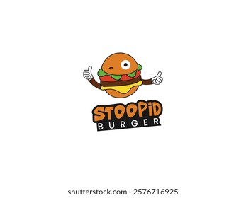 Stoopid Burger Logo: Cartoon Hamburger Icon with Playful Expression, Thumbs Up Pose, Fun, Energetic Vibe, Food Vector Illustration, Perfect for Burger Restaurants, Branding, Fast Food, and Cafes.