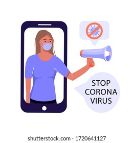Stop 2019-nCoV concept. Woman wearing medical masks with a megaphone informing people about global coronavirus pandemic. Vector illustration on white background.