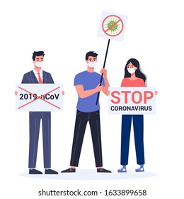 Stop 2019-nCoV covid-19 demonstration. Coronovirus alert. Dangerous virus epidemic protest. Isolated vector illustration in cartoon style