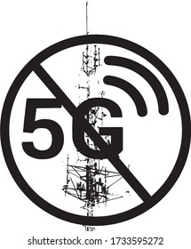 parar 5g. Protesta contra la tecnología 5g. Ilustración vectorial. 
Logo negro sobre fondo blanco.