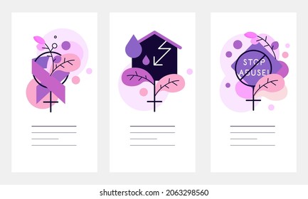 Stop abuse and domestic violence. Feminine icons with floral decorations. Domestic abuse awareness. Web banners set. Infographic elements. Vector file.