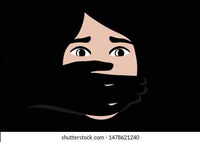 Stop Abuse and Violence Card. Vector Illustratin. Black and White Illustration of a Hand covering Woman Mouth. Concept for Kidnapping or Domestic Violence.