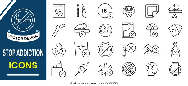 Symbol "Sucht stoppen". Set von 24 Umrisssymbolen in Bezug auf Sucht beenden, Alkohol, Drogen. Vektorgrafik.