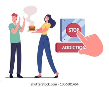 Stop Addiction, Start Healthy Lifestyle Concept. Character Give Up Unhealthy Eating. Man Refuse to Eat Fastfood. Human Finger Push Huge Red Button, Life Reloading. Cartoon People Vector Illustration