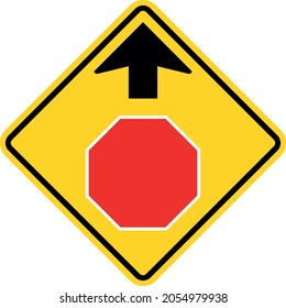 Stop ahead sign. Yellow diamond background. Traffic signs and symbols.