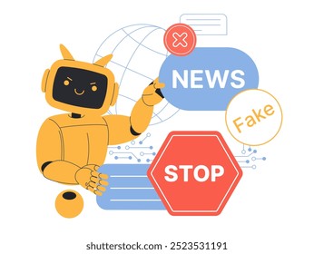 A Stop AI gerou notícias falsas, protestando contra o conteúdo mentiroso e falso de inteligência artificial na internet. Robô irritado segurando sinal de notícias, atenção ao aviso Pare de mensagem ilustração de vetor de desenhos animados