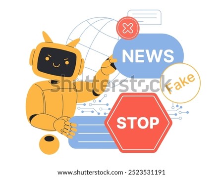 Stop AI generated fake news, protest against lie and hoax content of artificial intelligence on internet. Angry robot holding News sign, attention to warning Stop message cartoon vector illustration