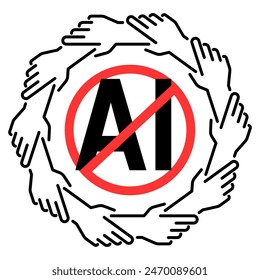 Stop Ai icon, No Artificial Intelligence symbol, group of people holding arms around No Ai sign, Isolated flat vector illustration