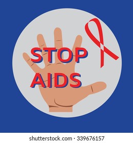 Stop AIDS background with hand and red ribbon. Vector illustration.