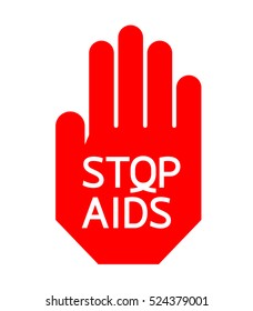  Stop AIDS logo design in red hand. Vector Illustration isolated on white background.