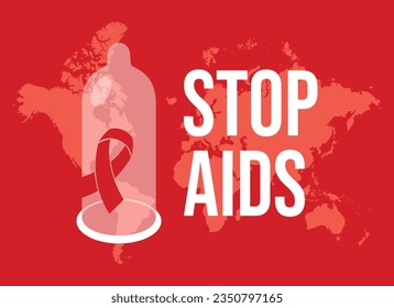 Stop AIDS poster with condom and red ribbon vector illustration. Red hiv aids awareness ribbon and sexual protection rubber condom icon vector