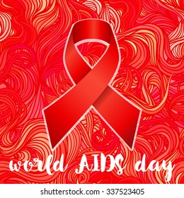 Stop AIDS: Realistic red ribbon, aids awareness symbol, over red ornate pattern. 1st December World Aids Day. Vector illustration