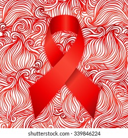 Stop AIDS: Realistic red ribbon, aids awareness symbol, over red decorative pattern. 1st December World Aids Day. Vector illustration