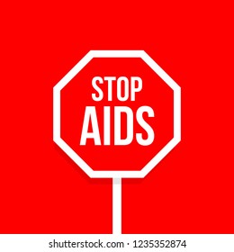 Stop AIDS red octagonal road sign design vector emblem. HIV awareness, care and help charity company logo. Vector illustration.