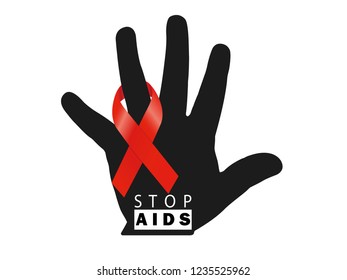 Stop AIDS sign - black hand and red ribbon.Vector