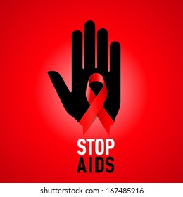Stop AIDS sign: black hand with red ribbon on red background.