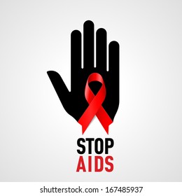 Stop AIDS sign: black hand with red ribbon on grey background.