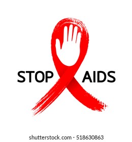  Stop AIDS sign with white hand and red ribbon. Illustration isolated on white background.