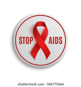 Stop AIDS white badge with red ribbon. Vector illustration.