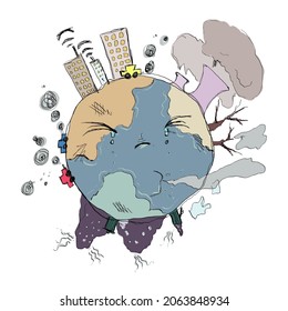 Stop Air Pollution. Ecological Disaster. World Earth Day.  Hand Drawn Cartoon Style Work. Vector Illustration.
