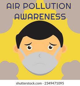 Stop air pollution. illustration of a masked man protecting himself from fine dust, air pollution, industrial smoke, pollutant gas emissions. City of air pollution. Vector illustration.