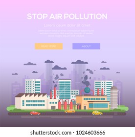 Detener la contaminación del aire - moderno diseño plano ilustración vectorial sobre fondo morado con lugar para texto. Una planta que produce emisiones de sustancias peligrosas con tubos, automóviles en la carretera. Tema ecológico