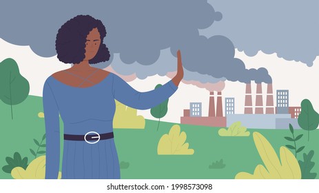 Stop air pollution from urban industrial smog, environment protection, save ecology vector illustration. Cartoon young woman volunteer character showing stop gesture to polluting factory chimneys