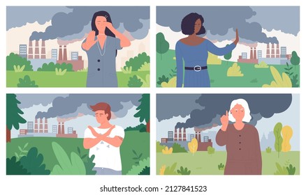 Stop air pollution vector illustration. Cartoon urban industrial landscape, factory and chemical plant pollute environment with clouds of smoke from chimney smokestack, people with warning gesture