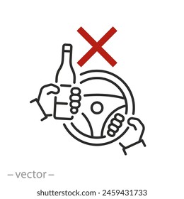 stop alcohol in car icon, prohibition drunk driving, don't drink and drive, wine bottle with car wheel, thin linear vector illustration