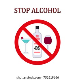 "Stop alcohol" red round sign with bottle of vodka and glasses