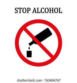 Stop alcohol red round sign with a bottle of vodka and a glass