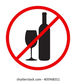 "Stop alcohol" red round sing with wine bottle and glass