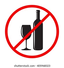 "Stop alcohol" red round sing with wine bottle and glass