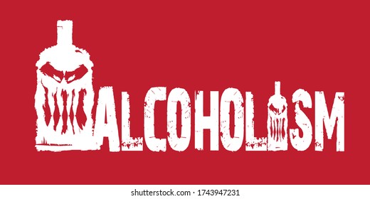 Stop alcoholism concept horizontal banner or illustration with scary face on bottle of alcohol isolated on red background. Vector alcohol abuse concept. Stop alcohlism concept design template