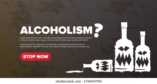 Stop alcoholism concept horizontal banner or illustration with scary face on bottle of alcohol isolated on red background. Vector alcohol abuse concept. Stop alcohlism concept design template