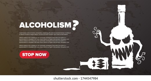 Stop Alcoholism Concept Horizontal Banner Or Illustration With Scary Face On Bottle Of Alcohol Isolated On Red Background. Vector Alcohol Abuse Concept. Stop Alcohlism Concept Design Template