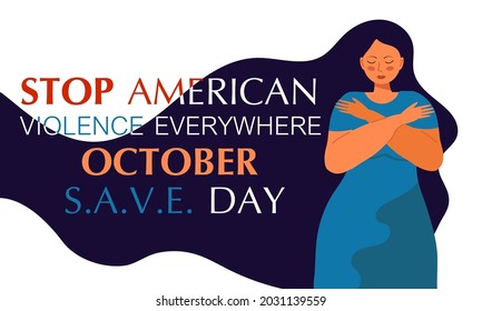 Stoppt die amerikanische Gewalt Überall wird im Oktober organisiert. S.A.V.E. Tag in den USA. Opferszene in der Gesellschaft. Stresste Person in Scham. Flaches Konzept, Vektorgrafik der Anschuldigung im Leben, in der Schule. Hör auf mit Gewalt.