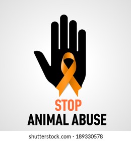 Stop  Animal Abuse sign.  Black hand with orange ribbon on grey background