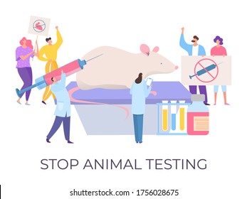 Stop animal testing, demonstration against cruelty, vector illustration. Flat people crowd character hold signs to stop toxic cosmetics chemical test on mouse, bunny. Protest against laboratory work.