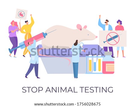 Stop animal testing, demonstration against cruelty, vector illustration. Flat people crowd character hold signs to stop toxic cosmetics chemical test on mouse, bunny. Protest against laboratory work.