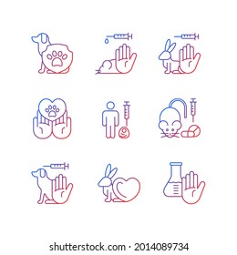 Stop animal testing gradient linear vector icons set. Pet protection and welfare. Vegan cosmetic brand label. Thin line contour symbols bundle. Isolated vector outline illustrations collection