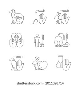 Stop animal testing linear icons set. Pet protection and welfare. Vegan cosmetic brand label. Customizable thin line contour symbols. Isolated vector outline illustrations. Editable stroke