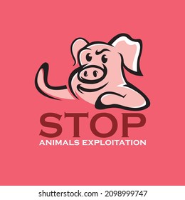 STOP ANIMALS EXPLOITATION, education banner with funny pig drawing vector illustrations