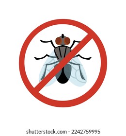 Stop or anti fly sign, insect danger warning signal. Red prohibiting sign with insect cartoon illustration. Epidemic, contamination concept