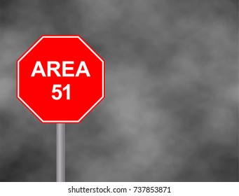 Stop Area 51 road side sign in sky background. Red Stop Sign, Isolated Traffic Regulatory Warning Signage, White Octagonal Frame, Metallic Post, Large Detailed Vertical Closeup. Vector illustration.