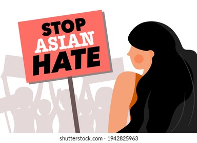 Stop Asian hate activism with woman standing among the protesters. Antiracism banner to support Asian community. Stop AAPI hate campaign. Flat vector illustration for postcard or web banner.