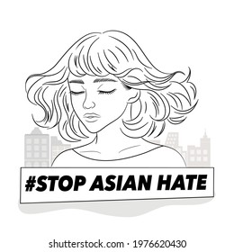 Stop Asian hate activism. Woman standing among building, downtown in city . Antiracism banner to support Asian community. Stop AAPI hate campaign. Flat vector illustration for postcard or web banner.