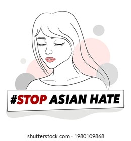 Stop Asian hate activism. Woman standing with antiracism banner to support Asian community. Stop AAPI hate campaign. Flat vector illustration for postcard or web banner.