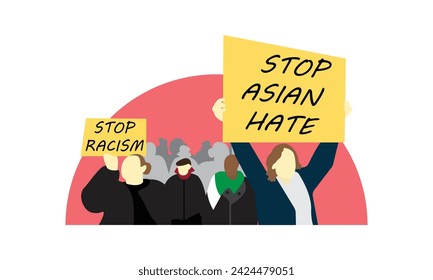 Stop Asian hate activism with woman standing among the protesters. Antiracism banner to support Asian community. Stop AAPI hate campaign. Flat vector illustration for postcard or web banner.